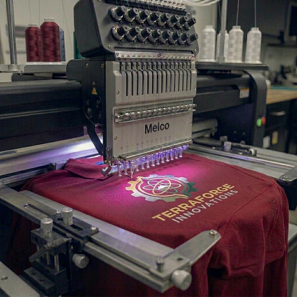 Commercial embroidery machine stitching a logo